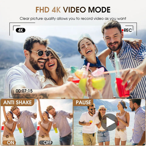 Group of friends enjoying drinks outdoors, showcasing 4K Digital Camera With 48MP Auto Focus, 16x Zoom, Vlogging Ready Anti Shake features