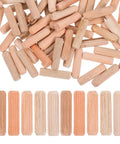 Wooden Dowel Pins M8x30mm For Furniture Assembly Solid Round Dowels In Beige displayed in a pile and single row.