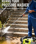 Person using Beefy Universal Pressure Washer Gun With Stainless Extension Replacement Wand Fits Ryobi Greenworks Simpson DeWalt 3600 PSI M22 14 Fitting And 1 4 Inch Quick Connect For Car Wash to clean stone steps