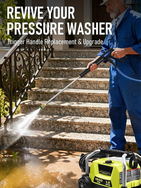 Person using Beefy Universal Pressure Washer Gun With Stainless Extension Replacement Wand Fits Ryobi Greenworks Simpson DeWalt 3600 PSI M22 14 Fitting And 1 4 Inch Quick Connect For Car Wash to clean stone steps
