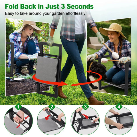 Heavy Duty Garden Kneeler And Seat With No Slip Anti Tip Stability, Foldable Ergonomic Handles, Wide 12.7 Inch Cushioned Pads