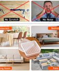Clear 2 inch furniture coasters for hardwood floors, square non slip rubber pads shown with living room, bedroom, patio furniture