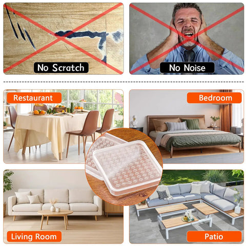 Clear 2 inch furniture coasters for hardwood floors, square non slip rubber pads shown with living room, bedroom, patio furniture