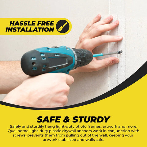 Person using drill to install Ribbed Plastic Drywall Anchors For Secure Wall Fastening In Drywall Projects Bulk Pack Of Expandable Split Body Anchors For Drywall Size Six To Eight By Seven Eighths Inch Easy To Install With No Spinning on wall.