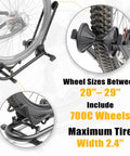 Foldable Bike Stand Floor Rack For MTB And Road Bikes With Quick Fold Design Durable Portable Garage Storage Fits Up To Two Point Four Inch Tire Width Easy Push In Front Holder Sturdy Bike Parking Rack holding rear wheel of bicycle, close-up view
