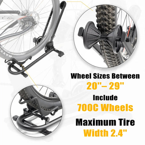 Foldable Bike Stand Floor Rack For MTB And Road Bikes With Quick Fold Design Durable Portable Garage Storage Fits Up To Two Point Four Inch Tire Width Easy Push In Front Holder Sturdy Bike Parking Rack holding rear wheel of bicycle, close-up view