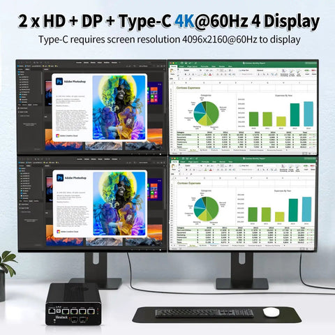 Core I5 1240P Mini Pc Built Tight For Rip Roaring Network Tasks With Dual Ten Gbe Sfp Firewall And Quad Point Two Five Gbe Lan Ports For Slick Home Lab Routing Delivering Badass Speed With Ddr5 32G Ram And 1Tb Ssd, showcasing 4K displays with Adobe Photoshop and Excel.