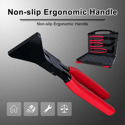 3 Piece Hand Seamers Set With Straight Jaw, 45 Degree, And 90 Degree Pliers shown with tool box, ergonomic handles displayed