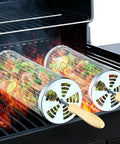Two Piece Rolling Grill Basket With Removable Wood Handles, 304 Stainless Steel Mesh grilling vegetables on outdoor BBQ.