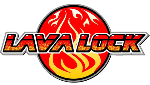 Lava Lock logo with flame graphic background in red and yellow.