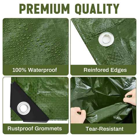 Close-up of 8 Pack Camping Tarps 6x8 Ft Waterproof 5.5 Mil showing waterproof surface, reinforced edges, rustproof grommets.