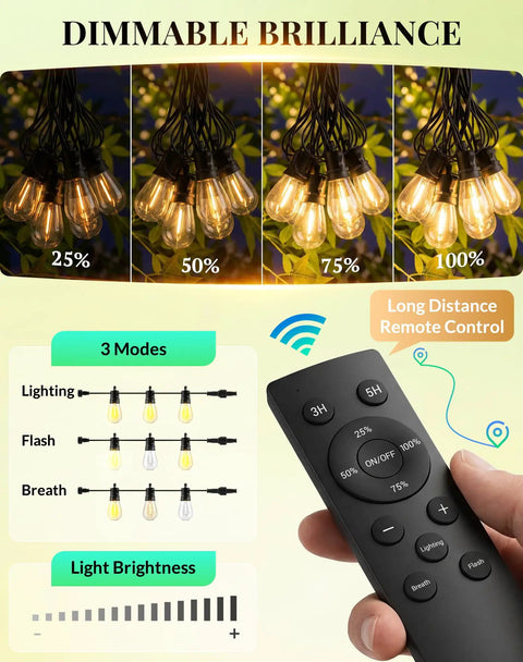 Outdoor String Lights LED Patio Lights 100Ft Waterproof Dimmable Porch Lighting With Remote Shatterproof S14 Bulbs control