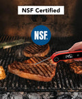 Hand using Digital Instant Read Meat Thermometer For Grilling And Cooking, NSF Certified Waterproof IP67 on steaks