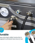 Person connecting 6 Foot Black Rubber Washing Machine Hose With 3/4 Inch FHT Ends to washer, demonstrating durability