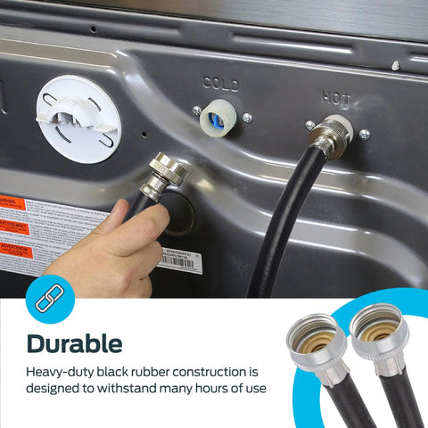 Person connecting 6 Foot Black Rubber Washing Machine Hose With 3/4 Inch FHT Ends to washer, demonstrating durability