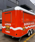 Commercial Mobile Food Cart And Towable Vending Trailer For Street Sales Features a bright orange burger trailer with large graphics.