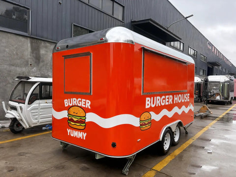 Commercial Mobile Food Cart And Towable Vending Trailer For Street Sales Features a bright orange burger trailer with large graphics.