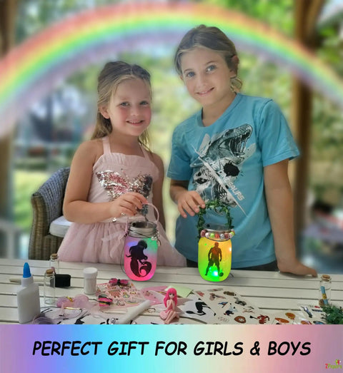 Unicorn And Fairy Lantern Jar Night Light DIY Kit For Kids And Girls Arts And Crafts Gift For Ages 3 To 12, children holding lit jars