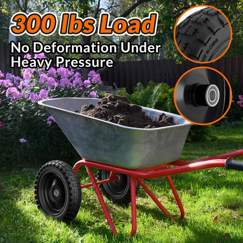 Flat Free Tire And Wheel Set 4.00-6 For Garden Cart, Wheelbarrow, And Hand Truck, 13 Inch Solid Wheel, 300 Lb Capacity