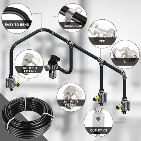 Three Quarter Inch By 100 Feet HDPE Tubing Garage Air Piping System Kit showing tubing, fittings, and outlet blocks setup.