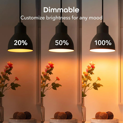 Comparison of three lighting levels with Prisma Smart Light Bulbs 2-Pack Color Changing RGBW LED A19 800 Lumens Dimmable bulbs.