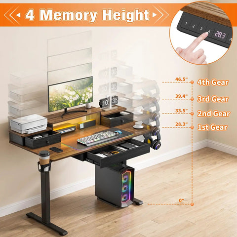 Gaming Stand Up Desk With Led Lights And Drawers Electric Lift Computer Table For Office Workstations Featuring Cable Management Rack, showing adjustable heights.