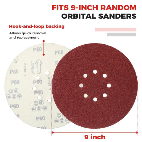 Pro Grade 70 Pack 9 Inch Sanding Discs Hook And Loop Self Stick 8 Hole For Drywall Sander Assorted Grits front and back view
