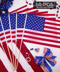 Five USA stick flags with wooden poles and spear tips, part of 50 Pack USA Stick Flags 12 By 18 Inch Small Flags With Wooden Poles.