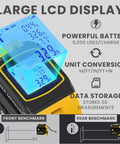 Large LCD display of No Fuss 8-In-1 Laser Tape Measure With 328 Ft Rangefinder And 16 Ft Auto Lock Tape showing measurement data.