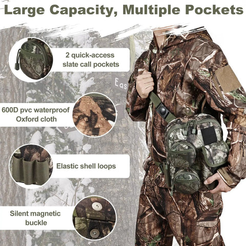 Man wearing Rugged Tactical Shoulder Bag For Outdoors Crossbody Sling Chest Pack For Hunting Hiking Fishing Lightweight Everyday Carry Pouch Waterproof And Scratch Resistant 600D Gear Bag, camo print, showcasing multiple pockets and features.