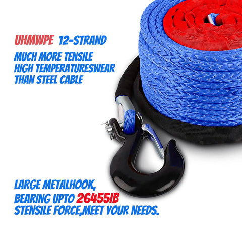 Beefy Heavy Duty Synthetic Winch Rope Three Eighths Inch By Ninety Two Feet With Hook And Protective Sleeve For Four By Four Off Road Trucks SUVs And Jeeps 27000 Pound Breaking Strength Lightweight UHMWPE Cable Kit