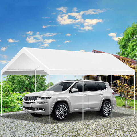 White car parked under 10 By 20 Ft Waterproof Carport Canopy Cover For Tent And Garage Shelter With UV Shield and Poly Fabric.