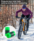 Cyclist on snowy trail with Bike Tire Liner Inner Tube Flat Protector For Mountain Bikes Fits 12 16 18 20 22 Inch Tires