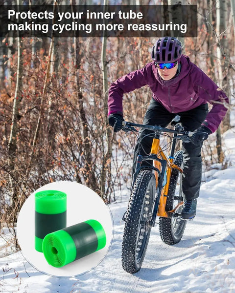 Cyclist on snowy trail with Bike Tire Liner Inner Tube Flat Protector For Mountain Bikes Fits 12 16 18 20 22 Inch Tires