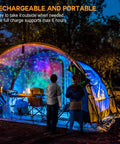 Rechargeable Galaxy Star Projector Night Light With Remote And Timer LED Laser Nebula Lamp With Green Stars Eye Safe Projection illuminating tent interior.