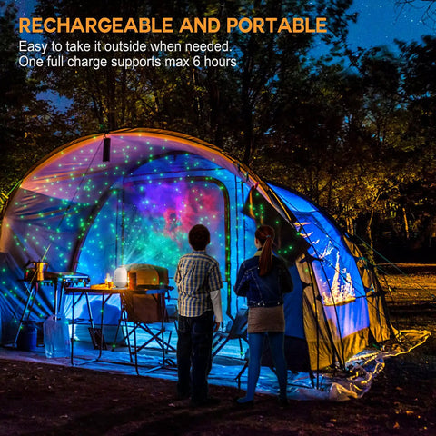 Rechargeable Galaxy Star Projector Night Light With Remote And Timer LED Laser Nebula Lamp With Green Stars Eye Safe Projection illuminating tent interior.