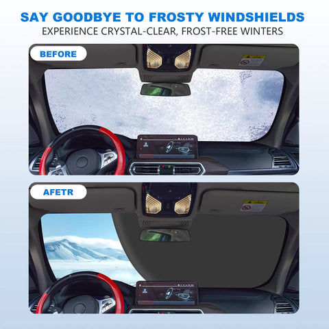 Before and after using Extra Large 75 By 45 Inch Windshield Snow Cover Heavy Duty Windproof Shield for Cars Trucks and SUVs.