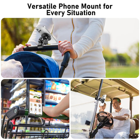 Ultra Strong Magnetic Phone Holder Clamp Mount For Gym And On The Go Fits Half Inch To Two Inch Bars on stroller, cart, golf cart