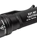 E2T MV Tactician High Output LED Flashlight With MaxVision Optics for everyday carry, shown in black with durable build and tail cap.