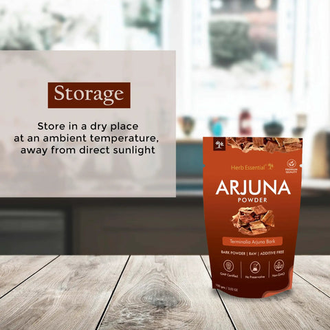 All Natural Arjuna Powder For Heart Health And Wellness, Terminalia Arjuna Bark Supplement, No Preservatives, Vegan And GMP Certified, Two 3.52 Oz Packs Of Pure Ayurvedic Powder displayed on table