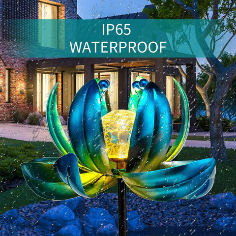 Solar Powered Garden Wind Spinner Light With Blue Lotus Crackle Glass Globe Waterproof LED Outdoor Decor Stake in garden