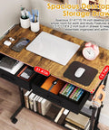 Top view of Rolling Height Adjustable Standing Desk On Wheels With Two Fabric Drawers And Storage Shelf Side Pocket And Hook Portable Laptop Table For Home Office Or Small Spaces 31.4 In By 15.7 In Rustic Brown with laptop and accessories.