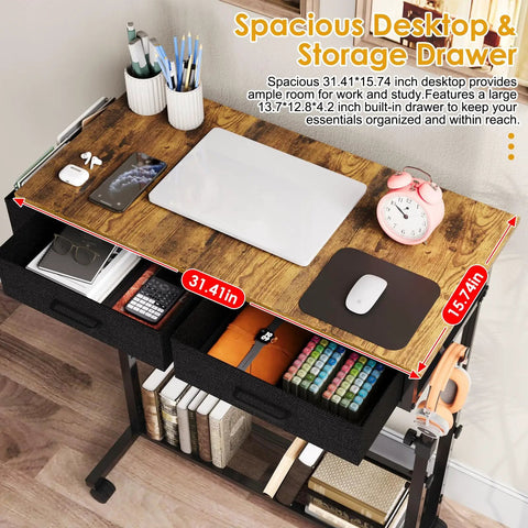 Top view of Rolling Height Adjustable Standing Desk On Wheels With Two Fabric Drawers And Storage Shelf Side Pocket And Hook Portable Laptop Table For Home Office Or Small Spaces 31.4 In By 15.7 In Rustic Brown with laptop and accessories.