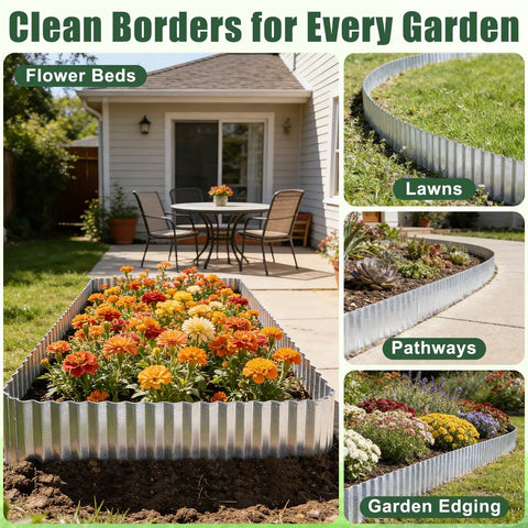 Heavy Duty Galvanized Steel Garden Edging 6 Inch By 40 Feet Rust Resistant Landscape Border in flower bed and walkway setup
