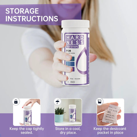 Person holding Hard Water Test Kit 0 To 425 PPM Strips For Home Use Drinking Water Well Spa Pool And Water Softener bottle