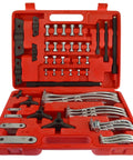 Open red blow molded case showcasing Gear And Hub Puller Set With 2 And 3 Leg Configurations For 3 To 8 Inches And 75 To 200mm Leg Sizes.