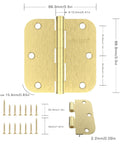 30 Pack Boss Level Brushed Gold Door Hinges 3.5 Inches with measurements and screws for easy installation.