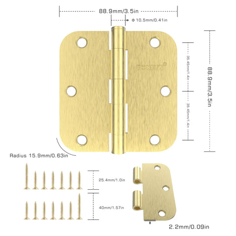 30 Pack Boss Level Brushed Gold Door Hinges 3.5 Inches with measurements and screws for easy installation.
