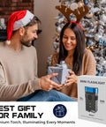 Rechargeable EDC Clip Flashlight With USB C Charge shown as a gift beside a decorated Christmas tree, featuring packaging and smiling recipients.