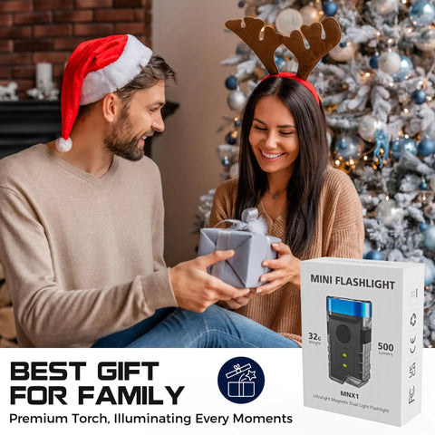 Rechargeable EDC Clip Flashlight With USB C Charge shown as a gift beside a decorated Christmas tree, featuring packaging and smiling recipients.